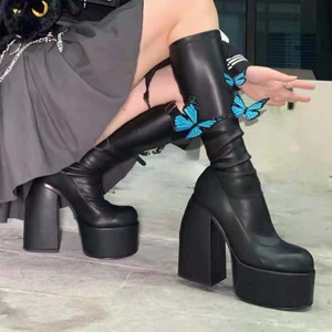 Bốt Nữ Đế Dày Phong Cách Punk Gothic Cao Gót Trên Đầu Gối Dự Tiệc Thời Trang Size Lớn