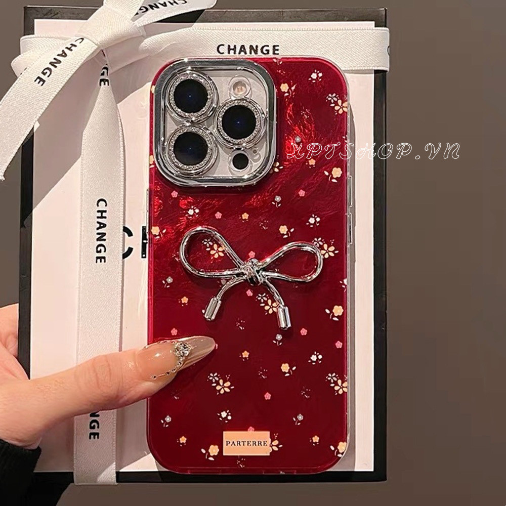 Nơ Lập Thể Với Phim Ống Kính Lấp Lánh Vỏ Điện Thoại Acrylic Cho iPhone 17 Pro Max 17 Air 16 Plus 15 14 13 12 11 Pro Max Vỏ Bảo Vệ Chống Sốc