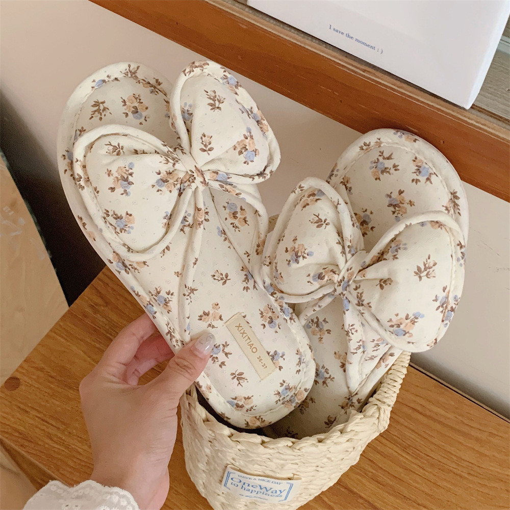 XIXITIAO Dép Casual Thoải Mái Nữ Dễ Thương Bốn Mùa Vải Lanh Đa Năng Nơ Hoa