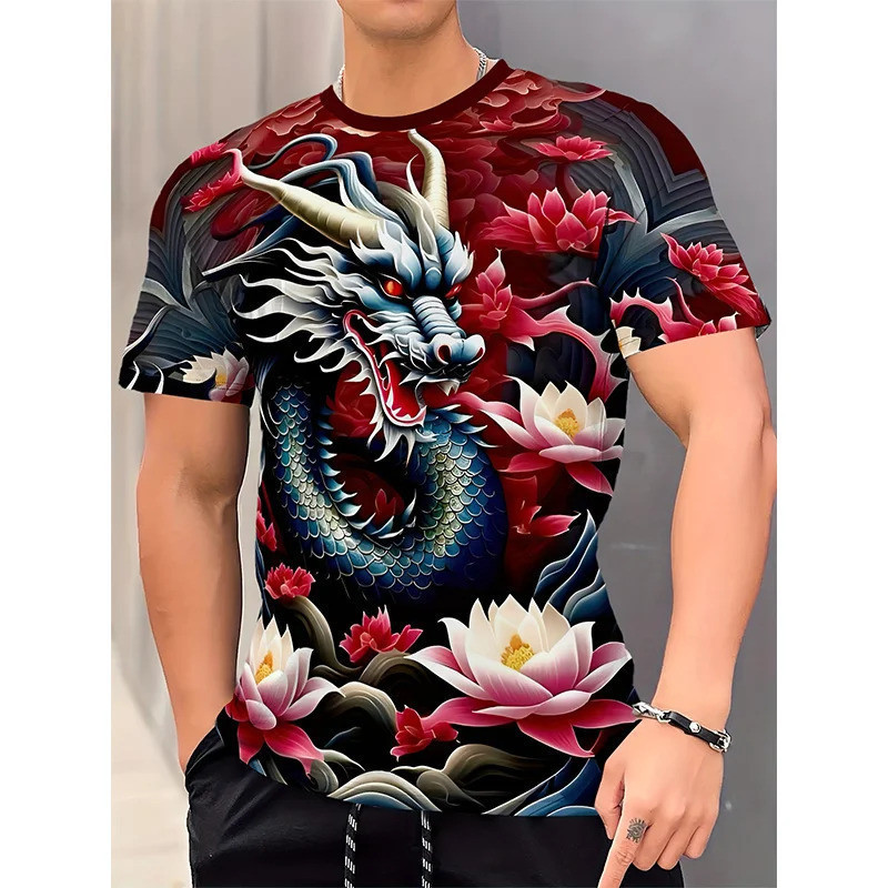 Áo thun họa tiết rồng cho nam, áo thun in 3D Trung Quốc, áo ngắn tay cổ tròn mùa hè thoải mái