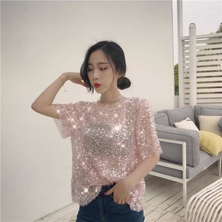 Top voan ngắn tay đính kim sa lấp lánh xu hướng thời trang Hàn Quốc 2022, phù hợp mặc hàng ngày