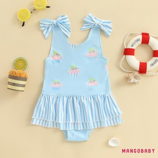MG-Kid Girl Nơ Đồ Bơi Sọc Chanh Cupcake In Hình Cổ Chữ U Không Tay Xù Bộ Đồ Tắm Dễ Thương Đi Biển