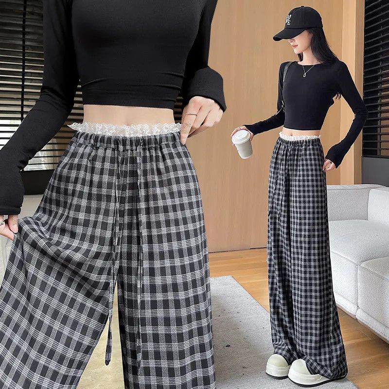 quần kẻ sọc ống rộng Quần kẻ caro ren patchwork mỏng 2025 mới rộng rãi kích thước lớn phong cách Hàn Quốc