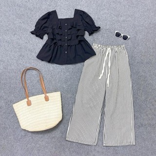 Set đồ bigsize áo kiểu ngắn tay bèo che khuyết điểm phối quần ống suông xinh xắn đi biển, đi chơi - SET( SM36 + Q534)