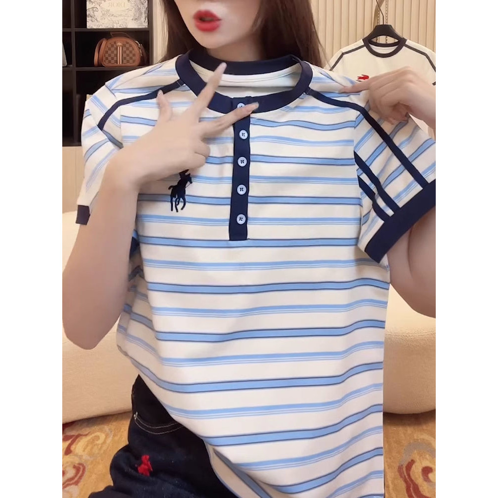 Sọc Tay Ngắn Mùa Hè Phong Cách Mới POLO Thời Trang Rời Top Nữ