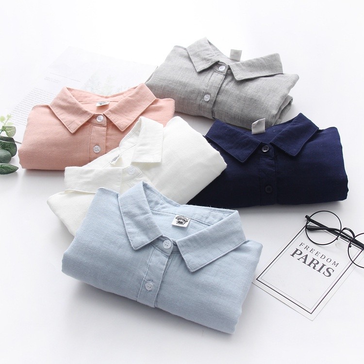 Áo sơ mi nữ Cotton cao cấp, sợi cotton hai lớp, màu trơn, thân thiện da, tay dài