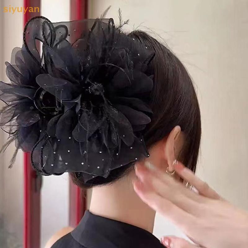 Siyuyan Lưới Ren Đen Ruy Băng Nơ Kẹp Tóc Lớn Đuôi Ngựa Giá Đỡ Kẹp Tóc Phụ Kiện Tóc Cho Nữ VN