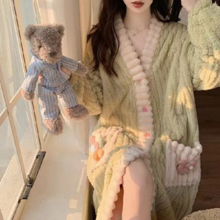 Bộ đồ ngủ cardigan cầu vồng nữ flannel áo ngủ giữ ấm mùa thu đông bộ hai chiếc đồ mặc nhà thường ngày cỡ lớn