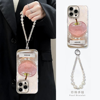 Long Lanh Bảo Vệ Ống Kính Màu Hồng Apple Trái Cây Đứng Ngọc Trai Dây Xích Cổ Tay Ốp Lưng Điện Thoại iPhone 16 Pro Max 16Plus 11 12 13 14 15 Promax 17Promax Chống Sốc Nữ Điện Thoại Di Động