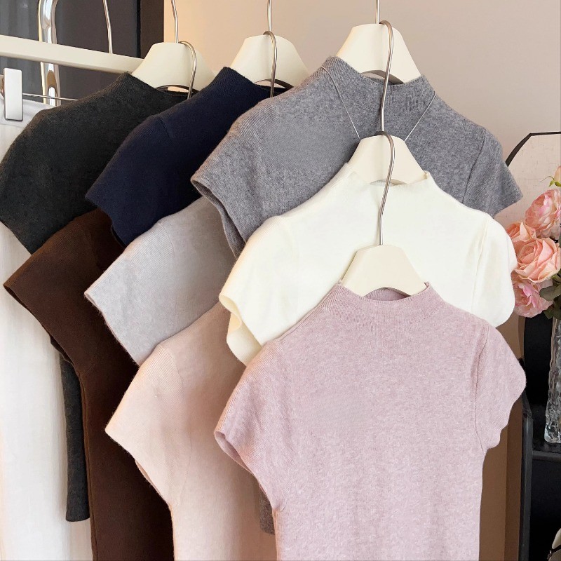 SUXI Áo thun ngắn tay dệt kim cổ cao nửa cổ màu xám đơn giản dành cho nữ mùa hè mới 250506