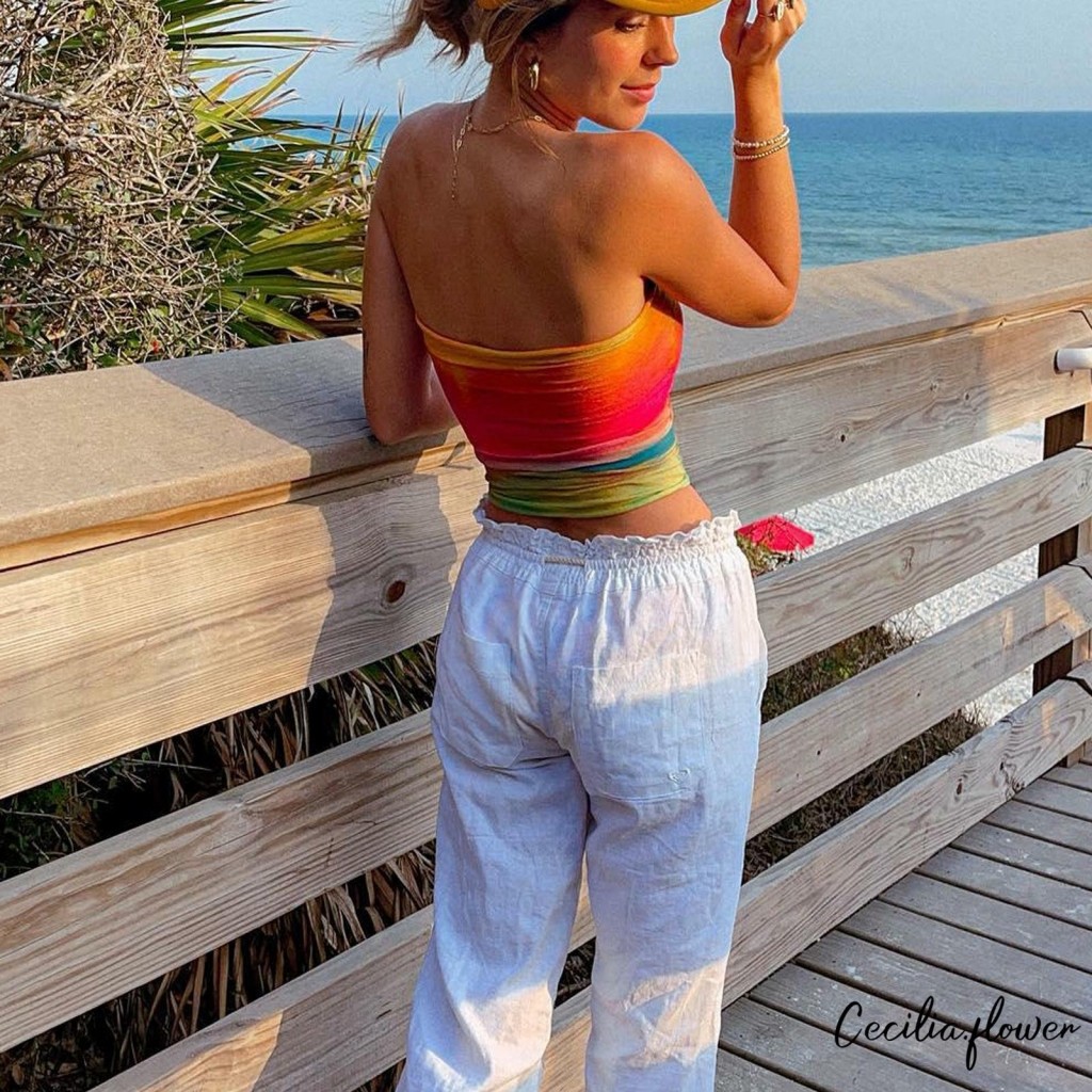 Phụ Nữ Quấn Ngực Ống Áo In Thuyền Cổ Dây Bể Áo Mùa Hè Lưng Bandeau Crop Tops
