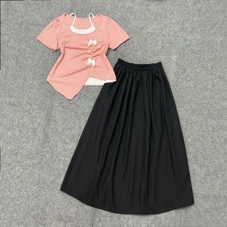 Set bigsize 2 món áo thun lớp trong đính nơ phối chân váy xòe dáng dài cho nàng cgupy xinh xắn SET(A278+CV15)
