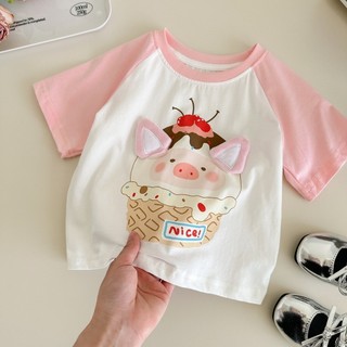 Áo thun ngắn tay mùa hè mới cho bé gái, in hình lợn 3D thời trang, áo nửa tay cho bé gái