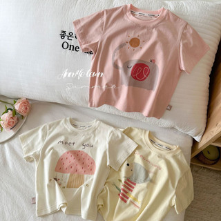 Áo phông bé gái in chữ hoạt hình dễ thương, cotton, mẫu mới mùa hè