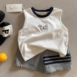 Áo phông không tay hoạt hình trẻ em cotton mùa hè, Ba Lỗ thêu hình chó con phong cách phương Tây cho bé trai bé gái