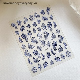 [savemoneyeveryday] Nhãn dán sứ trắng xanh phong cách Trung Quốc Nhãn dán móng tay nghệ thuật tự dính 3D Nhãn dán hoa Silverback Dính làm móng tay Decal Salon DIY [vn]