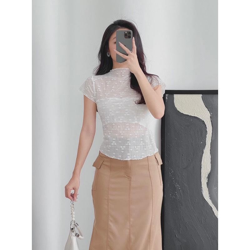 Áo Ren Hoa Nổi Tay Ngắn PINKSTORE29 Kiểu Xuyên Thấu Gợi Cảm A5849