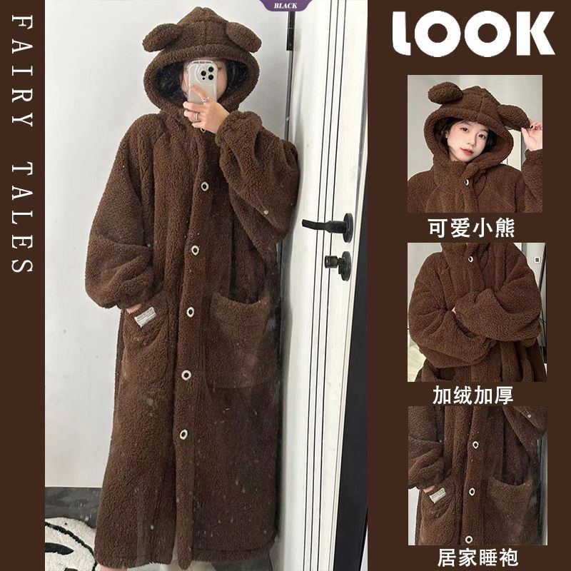 Bộ đồ ngủ nhung san hô có giá trị cao Nữ mùa thu đông Đệm dày Flannel ấm áp Áo choàng trùm đầu dài vừa phải [BL]
