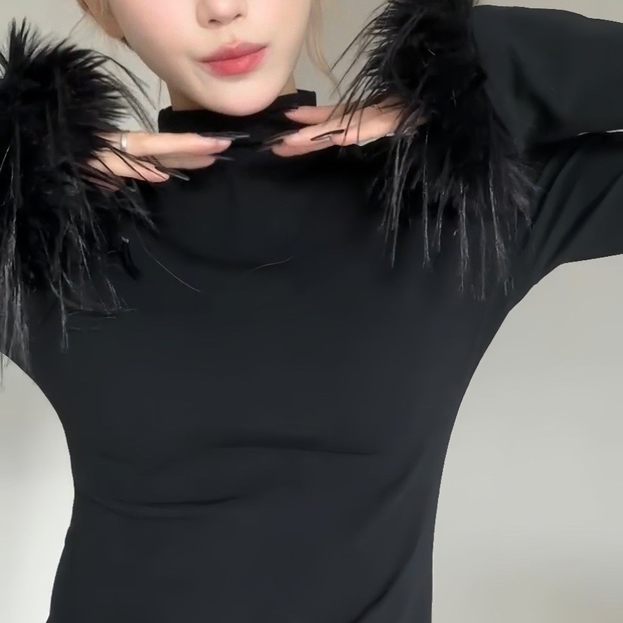 Áo dài tay kiểu Tây lót trong cổ cao lông màu đen phối ghép thu đông mẫu mới Milyfashion áo ôm dáng tôn dáng