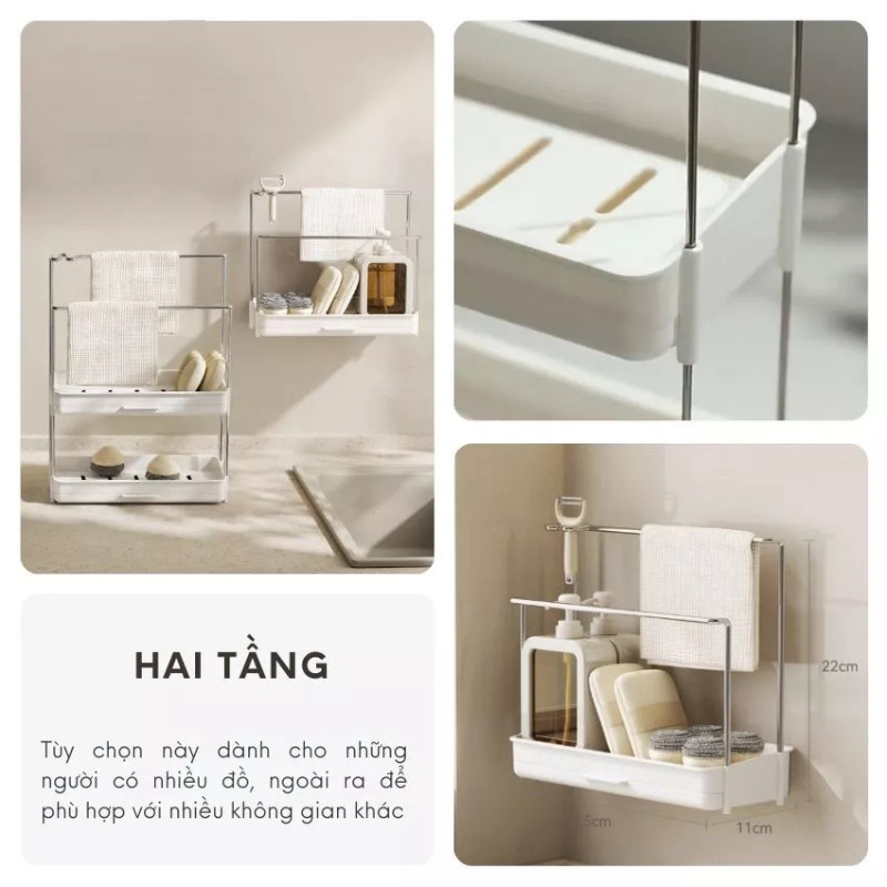 Kệ để miếng rửa chén treo đa năng KooBee có giá treo khăn tay và khay hứng nước đa năng có thể dán tường | 199