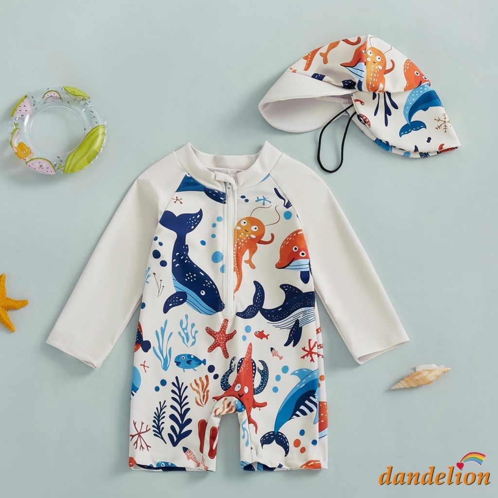 0-5 tuổi Trẻ em / Bé trai Rash Guard Bộ đồ bơi một mảnh in hình cá mập dài tay nửa có khóa kéo Bộ đồ tắm có mũ chống nắng