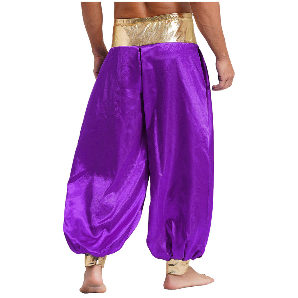 Nyeemya S-4XL Nam Ma Thuật Hippie Harem Quần Kim Loại Sáng Bóng Chắp Vá Đèn Lồng Quần Dài Hoàng Tử Ả Rập Trang Phục Cho Halloween Cosplay
