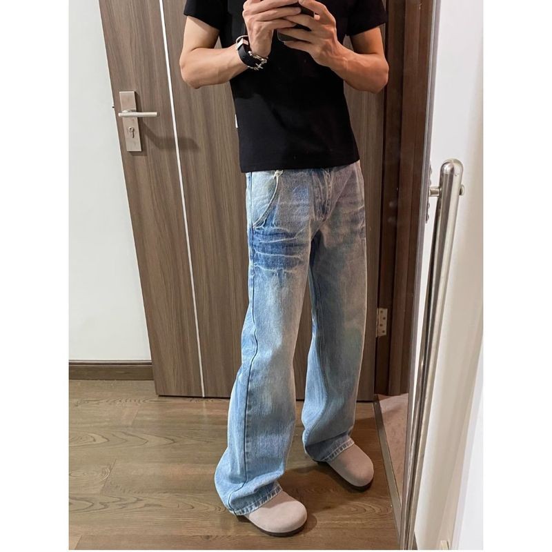 ThaliaWisp Quần Jean Nam Mỹ Retro High Street Lightning Crack Thiết Kế Quần Dài