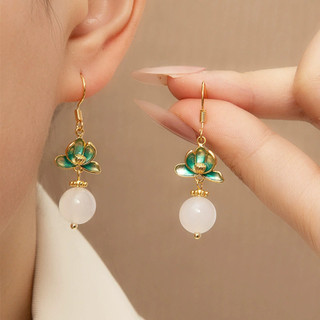 Mới Phong Cách Trung Quốc Nhỏ Giọt Men Sơn Dài Xuân Hè Bông Tai Men Gradient Hoa Sen Đính Hạt Tua Rua Tai Móc