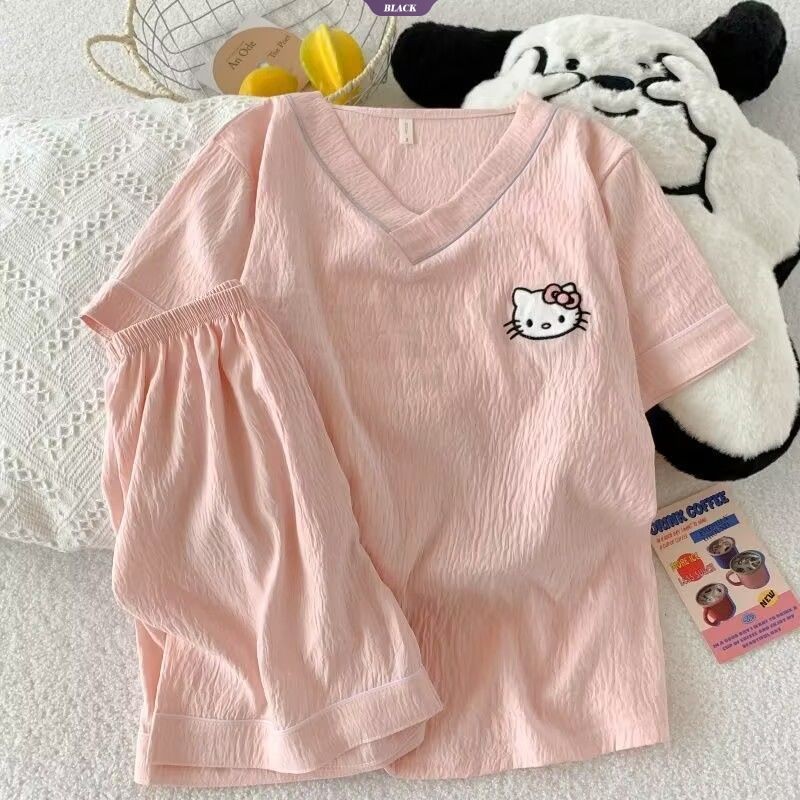 Hoạt Hình Hello Kitty Bộ Đồ Ngủ Nữ Mùa Hè Ngắn Tay Quần Short Cổ Chữ V Giải Trí Mặc Ở Nhà [BL]