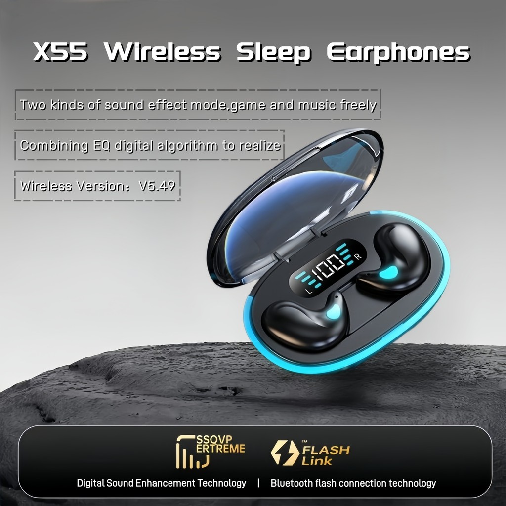 Tai nghe bluetooth không dây ngủ X55, hiệu ứng âm thanh nổi không mất, gọi rõ ràng, điều khiển nút, màn hình kỹ thuật số thông minh