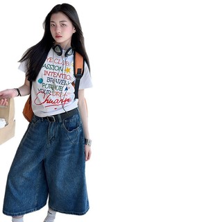 Áo thun ngắn tay in chữ đầy màu sắc mùa hè cho bé gái + Quần ống rộng cắt Denim Bộ đồ 2025 Bộ đồ hai mảnh thời trang trẻ em phong cách mới