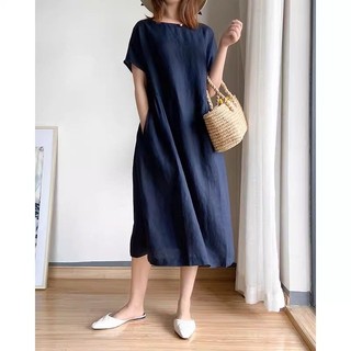Váy vải lanh Cotton nữ tay ngắn cổ tròn dáng rộng