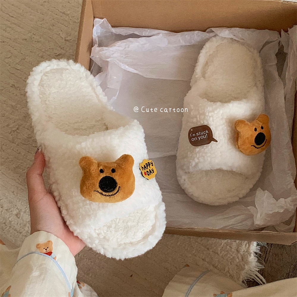 XIXITIAO Dép Giữ Ấm Đầu Gấu Lông Nữ Đế Dày Nhà Thoải Mái