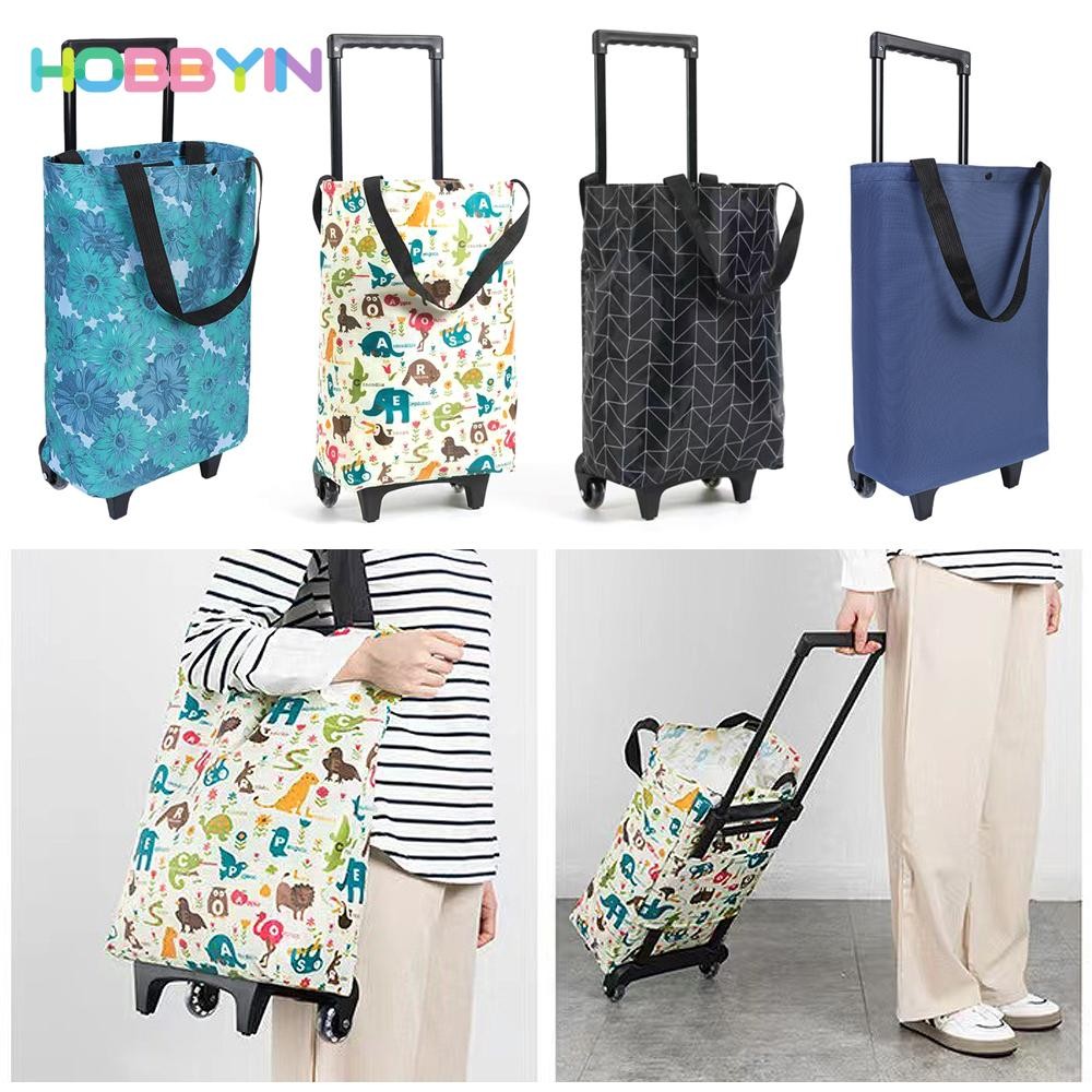 Giỏ hàng có thể gập lại HOBBYIN, Túi xe đẩy chống nước có tay cầm bằng kính thiên văn, di động có dây đeo tay Phim hoạt hình Xe mua sắm có bánh xe có thể tái sử dụng Xe đẩy leo cầu thang mua sắm du lịch