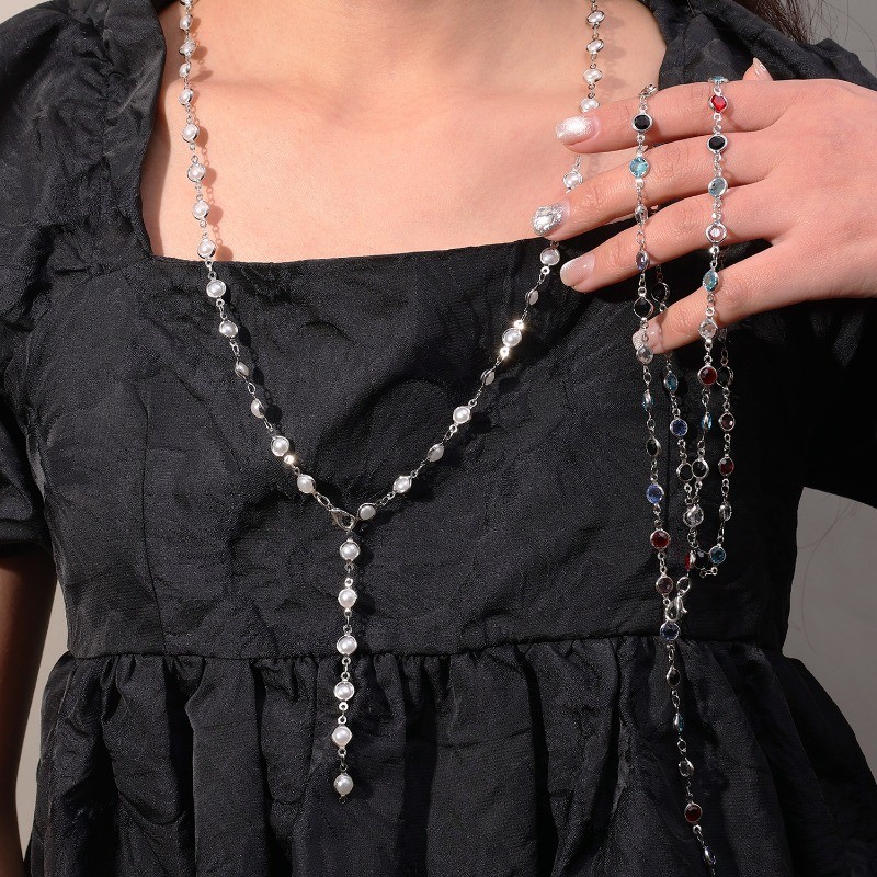 [GuuDuu] Vòng cổ Zircon pha lê sang trọng - Dây chuyền xương đòn hình chữ Y đầy màu sắc Bohemian - Trang sức tuyên bố Bohemian - Choker tua rua dài - Quà tặng trang sức cơ thể Y2K