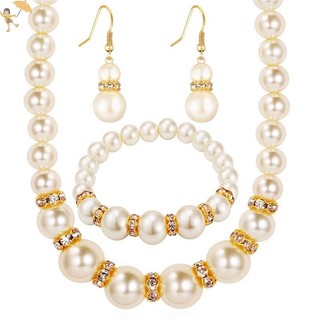 [Gou] Bộ 3in1 Vòng Cổ Ngọc Trai Mô Phỏng Thanh Lịch Bông Tai Vòng Cổ Dài Nữ Cô Dâu Trang Sức Cưới Quà Tặng VN