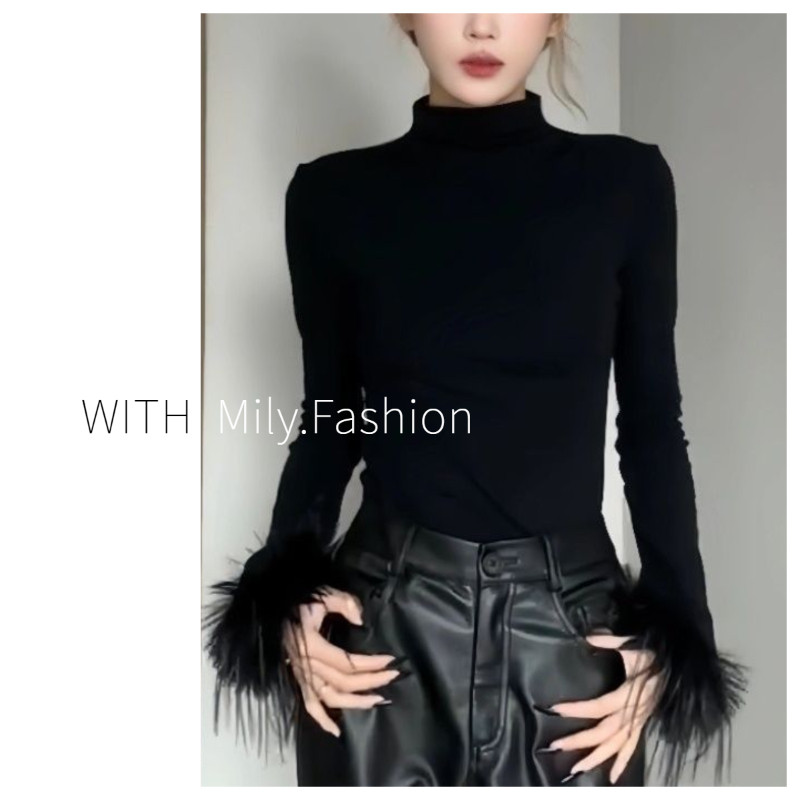 Áo dài tay kiểu Tây lót trong cổ cao lông màu đen phối ghép thu đông mẫu mới Milyfashion áo ôm dáng tôn dáng