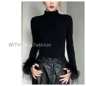 Áo dài tay kiểu Tây lót trong cổ cao lông màu đen phối ghép thu đông mẫu mới Milyfashion áo ôm dáng tôn dáng