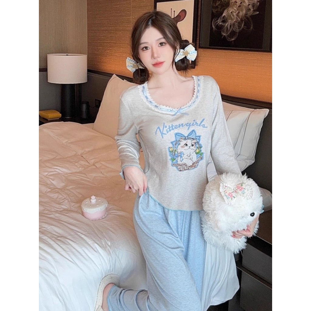 Size Lớn 100kg Xuân Thu Phong Cách Mới Bộ Đồ Ngủ Dài Tay Nữ Mèo Con In Hình Loungewear Set
