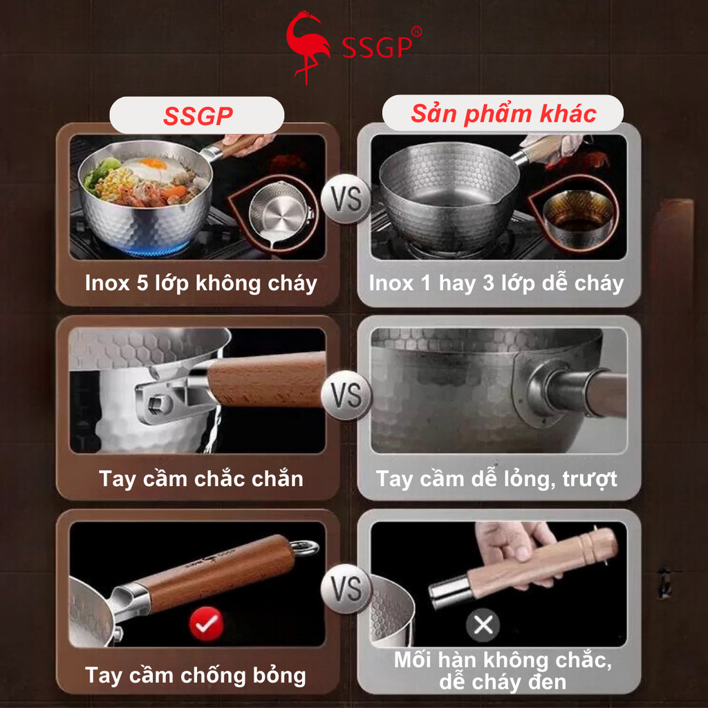 Quánh inox 316L 5 lớp chống tràn SSGP nấu cháo, nấu bột, nguyên khối, nấu mì chính hãng