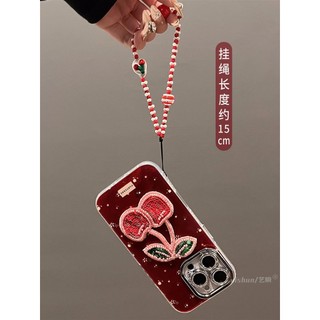 Phim Bảo Vệ Ống Kính Lấp Lánh 3D Đính Hạt Anh Đào Đỏ Hoa Wrsit Dây Xích Điện Thoại Dành Cho iPhone 17Promax 12 13 Promax 11 14 15 16 Pro Max Nữ Vỏ Di Động