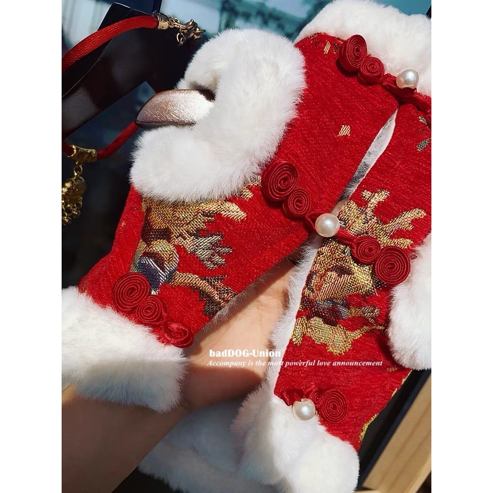 Lễ Hội Mùa Xuân Năm Mới Thú Cưng Mèo Chó Quần Áo Đường Đỏ Phù Hợp Với Lông Cừu Lót Quần Áo Mùa Đông