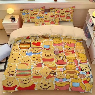 G13 Winnie the pooh 3IN1 Ga trải giường Quilt Cover Vỏ gối Bộ chăn ga gối Phòng ngủ gia đình Bộ đồ Anime có thể giặt được G13
