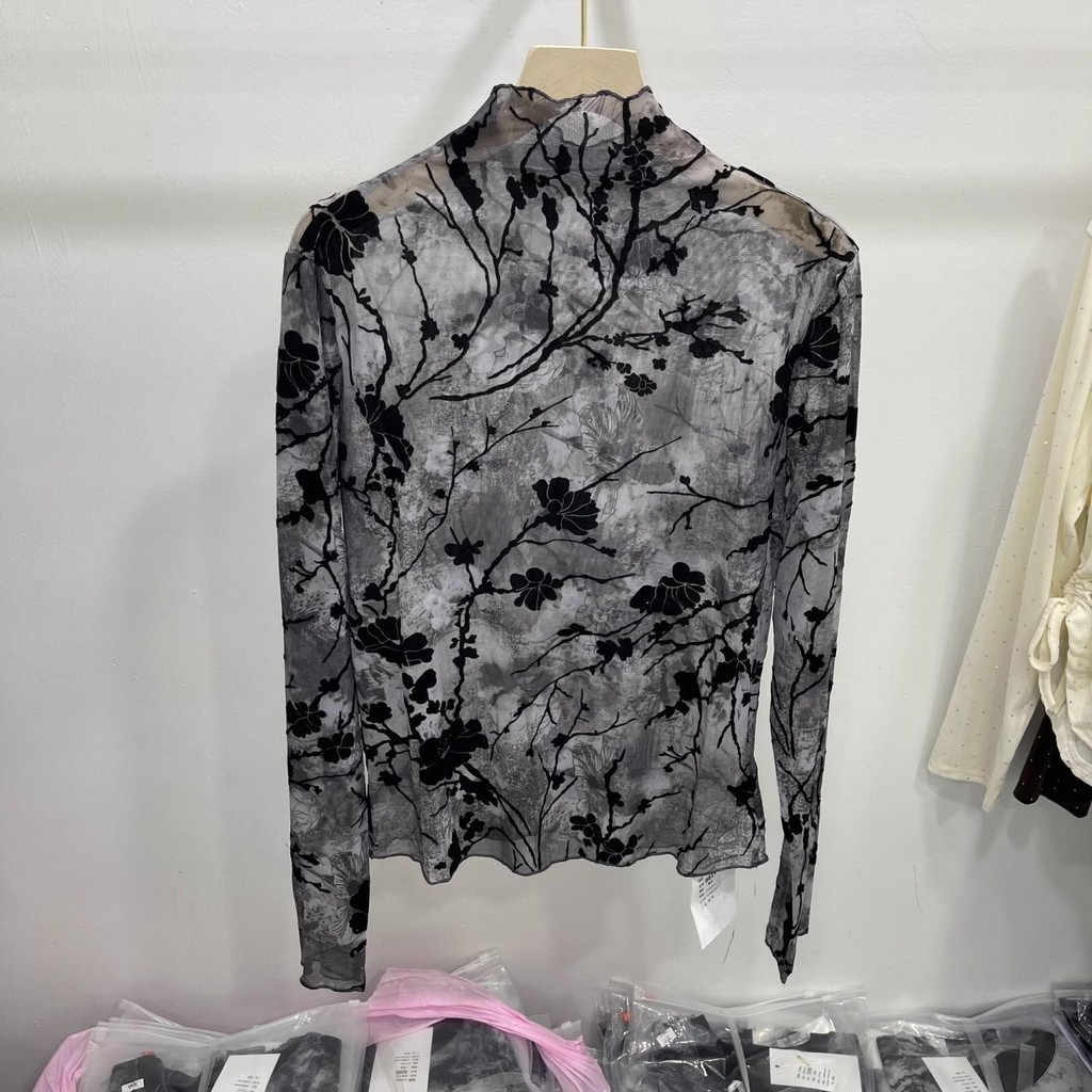 Milyfashion Nửa Cổ Rùa In Lưới Ren Dài Tay Áo Thun Đáy Top
