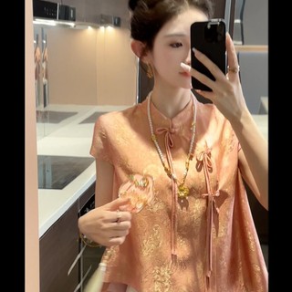 Mới Phong Cách Trung Hoa Phong Cách Trung Hoa In Hình Tinh Tế Nút Đứng Cổ Áo Sơ Mi Tay Ngắn Nữ 2024 Retro Thời Trang Top 24.12.30