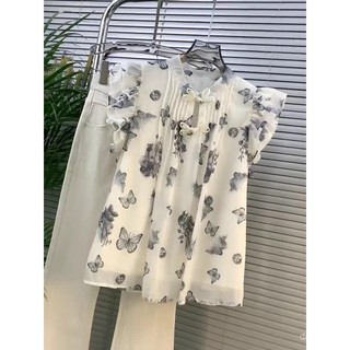 2025 Mùa hè phong cách cổ điển Trung Quốc Neo, áo chiffon tay ngắn xếp nếp in hoa, áo thiết kế cho phụ nữ trẻ trung