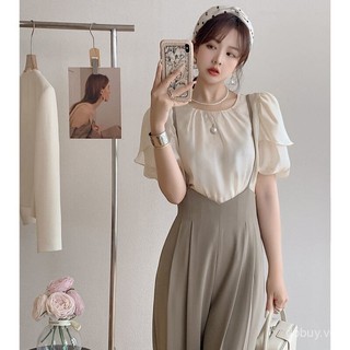 2025 Mùa hè Pháp sang trọng áo blouse cổ tròn tay ngắn thiết kế thời trang đa năng cho phụ nữ