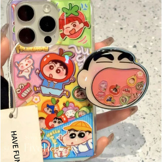Ins Nhật Bản Phim Hoạt Hình Dễ Thương Apple Crayon Shin-chan Lấp Lánh Vỏ + Lắc Chân Đế Cho iPhone 11 16 16E 15 14 13 12 Pro Xs Max XR X 7 8 6 Plus SE Vỏ Điện Thoại Mềm Bling Case Vỏ Trong Suốt