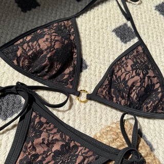 Đồ Bơi Nữ Ren Đen Chia Vải Dây Hai Mảnh Bikini Đồ Bơi