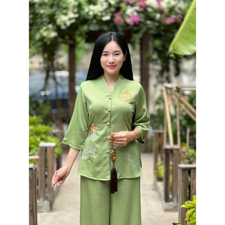 Set đồ lụa bà lai thêu bồ đề, thời trang nữ lụa đi chùa